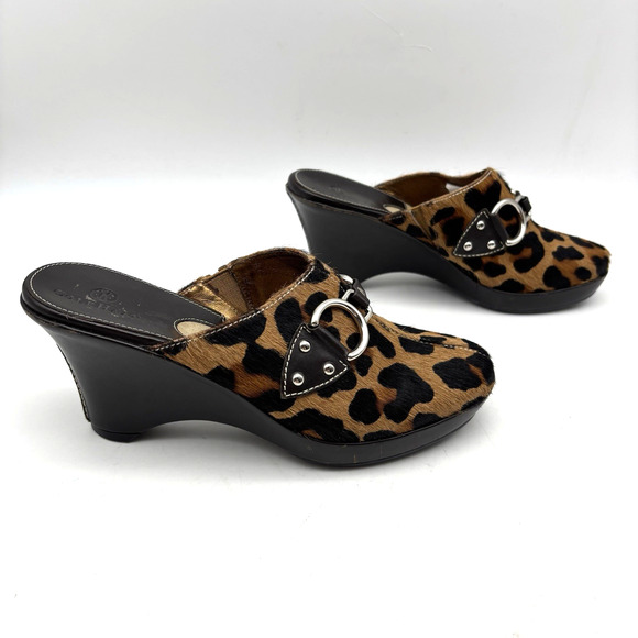 Cole Haan D18331 Leopard Print Cow Hair D-ring Brown Leather Wedge Clogs 6B - Picture 1 of 16